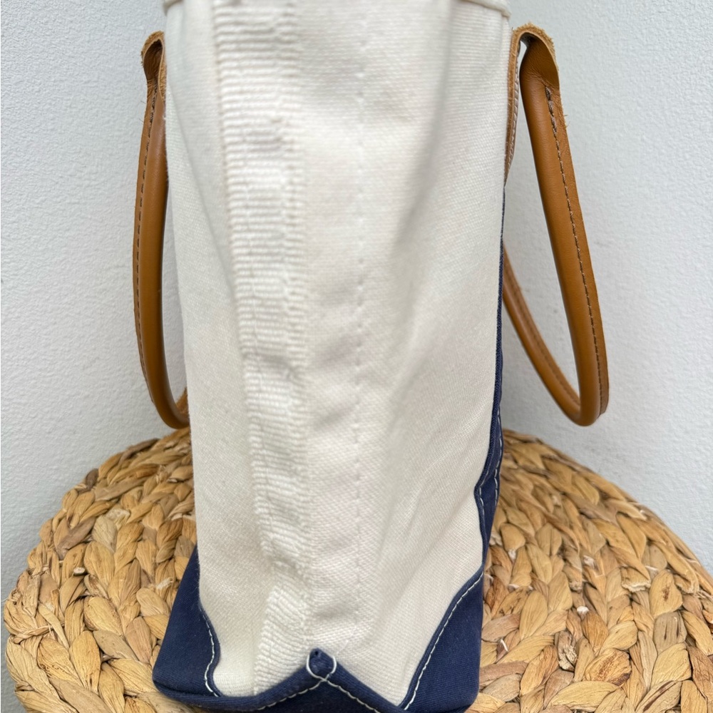 Vtg L.L. Bean Boat & Tote Bag Leather-Handle Canvas Carryall white navy stiff - Picture 9 of 13